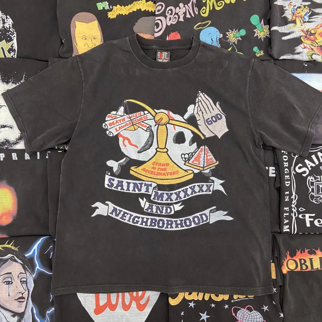Saint Michael series of new American retro washed and distressed niche printed pure cotton loose short-sleeved T-shirts with digital white ink direct injection, breathable fabrics and three-dimensional and clear patterns. Fabric: Double yarn 240g Size: S-M-L-XL